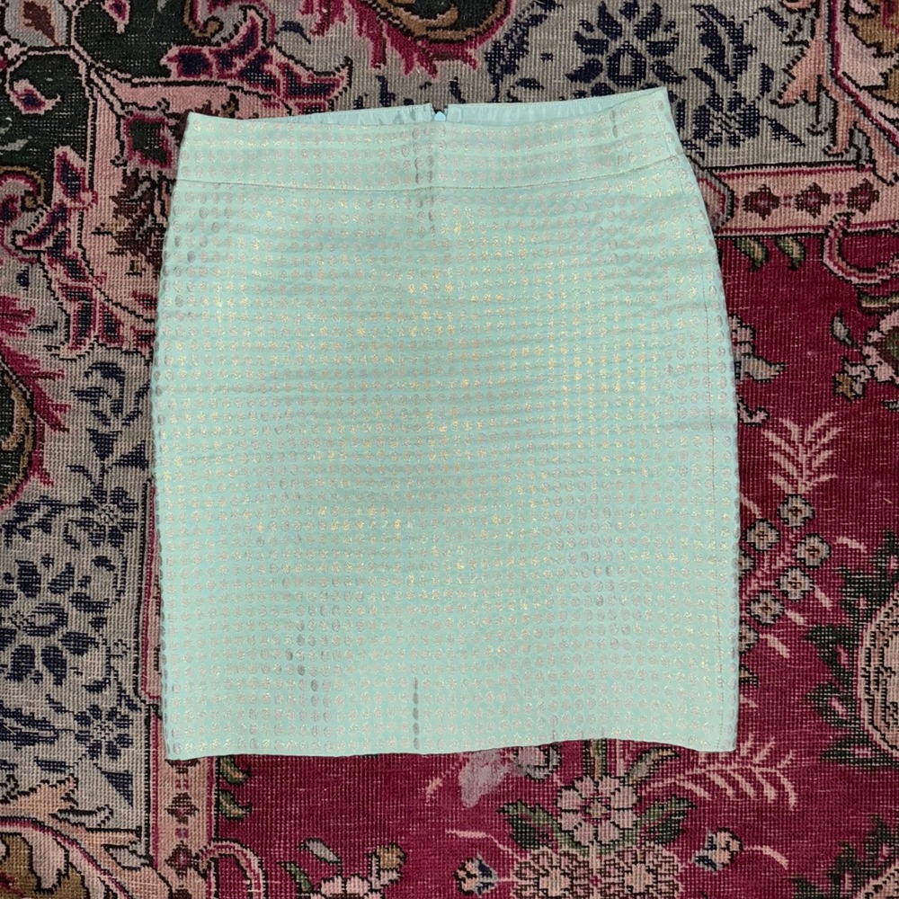 J.Crew Pencil Skirt 8 Mint Green Metallic Gold Polka Dot Silk/Cotton‎